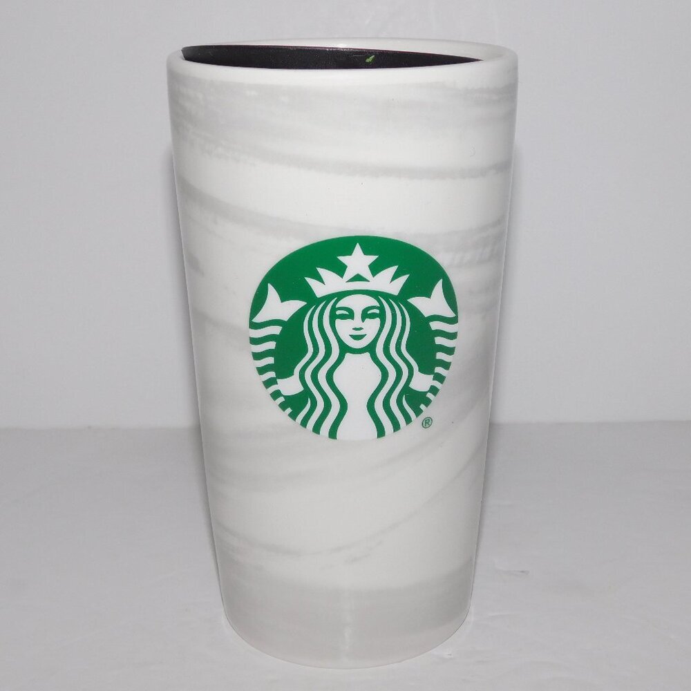 2020 Starbucks White Gray Marble Swirl Ceramic Travel Tumbler Mug Mermaid logo